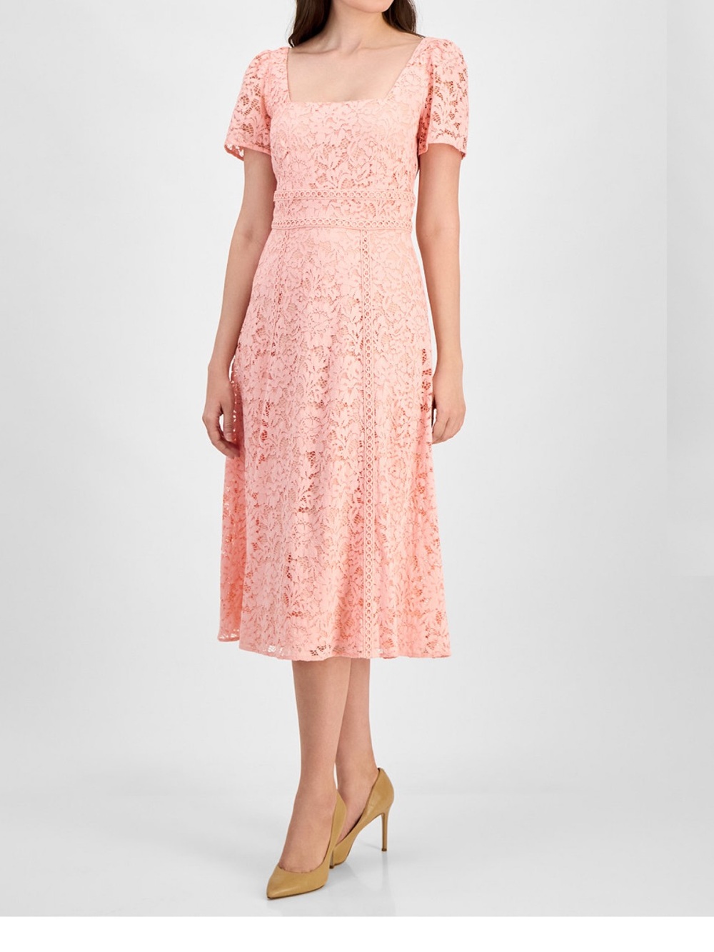 Anne Klein Blush Pink Lace Square-Neck Midi Dress